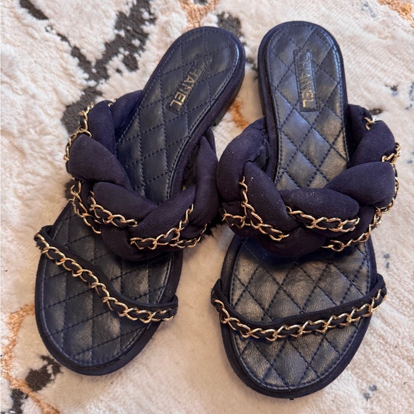 Chanel Navy Blue Chain Sandals cc logo - Picture 1 of 12